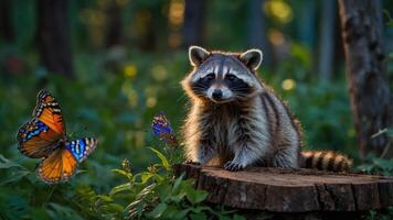 A raccoon sitting on a log, surrounded by colorful butterflies in a forest setting. photo