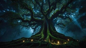 A mystical tree illuminated by soft lights in a dark forest, creating an enchanting atmosphere. photo