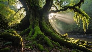 A majestic tree with moss-covered roots, illuminated by sunlight filtering through foliage. photo