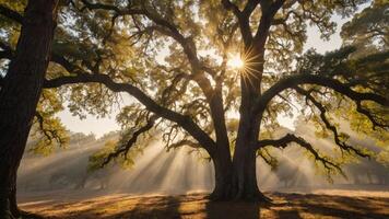 A majestic tree silhouetted against sunlight, casting rays through a misty landscape. photo