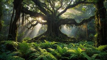A majestic tree in a lush forest, illuminated by soft sunlight filtering through the leaves. photo