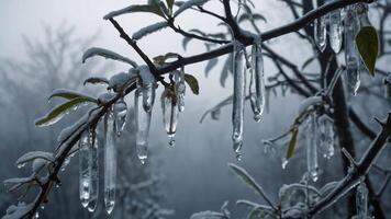 Icicles hang from branches in a snowy, foggy landscape, creating a serene winter scene. photo