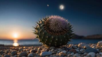 A spiky cactus on a pebbled beach at sunset, with celestial bodies in the sky. photo