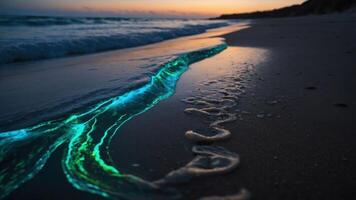 A glowing stream of water on a beach at sunset creates a serene, captivating atmosphere. photo