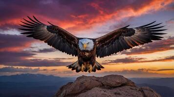 A majestic eagle spreads its wings against a vibrant sunset backdrop. photo