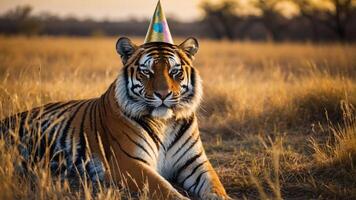 A tiger wearing a party hat, lounging in a grassy field during sunset. photo