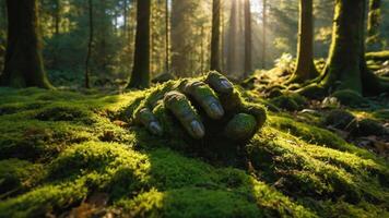 A moss-covered hand emerges from the forest floor, surrounded by lush greenery and sunlight. photo