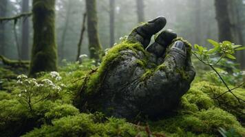 A moss-covered hand emerges from the forest floor, blending nature and fantasy. photo