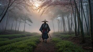 A lone figure walks through a misty bamboo forest, surrounded by cherry blossoms at dawn. photo