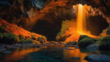 A serene cave with a waterfall illuminated by golden light, surrounded by mossy rocks and water. photo