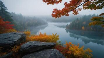 A serene lake surrounded by autumn foliage and misty mountains. photo