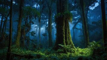 A serene forest scene illuminated by soft light, showcasing lush greenery and towering trees. photo