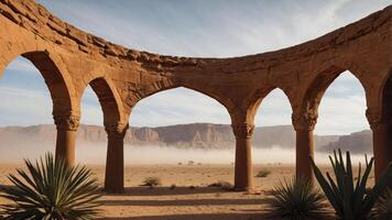 Ancient arches stand amidst a desert landscape, framed by distant mountains and mist. photo