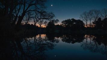 A serene night scene with trees reflecting in calm water under a starry sky. photo