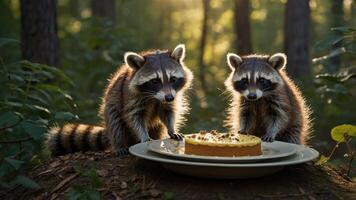 Two raccoons curiously approach a cheesecake in a sunlit forest setting. photo