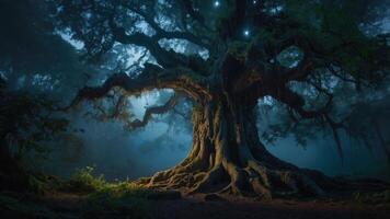 A mystical tree illuminated by soft lights in a foggy forest setting. photo