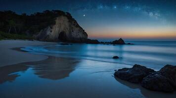 Serene beach at twilight with stars and calm waves reflecting the sky. photo
