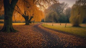 A serene autumn landscape with colorful trees and a winding path covered in fallen leaves. photo