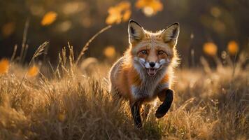 A playful fox running through golden grass, capturing the essence of wildlife in nature. photo