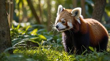 A red panda exploring a lush green forest environment. photo