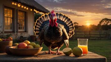 A turkey stands on a table with fruits and juice, set against a sunset backdrop. photo