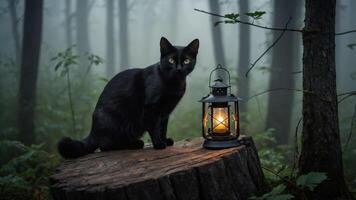 A black cat sits on a stump beside a glowing lantern in a misty forest. photo