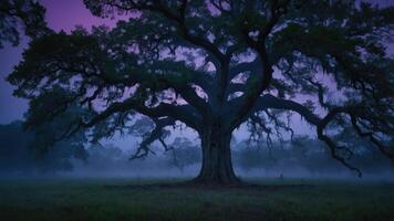 A majestic tree stands alone in a misty landscape at dusk, creating a serene atmosphere. photo