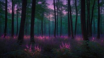 A serene forest scene at dusk, illuminated by glowing purple flowers among lush greenery. photo
