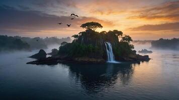 Serene island landscape at dawn with a waterfall and birds in the sky. photo