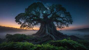 A majestic tree under a starry sky, surrounded by mist and lush greenery at twilight. photo