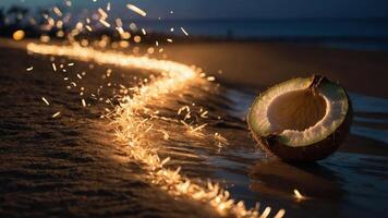 A coconut half rests on the beach, surrounded by a trail of sparkling lights at dusk. photo