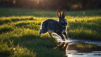 A rabbit leaps through a grassy field near a stream, illuminated by soft sunlight. photo