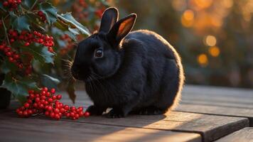 A black rabbit sits beside red berries, illuminated by warm sunlight in a natural setting. photo
