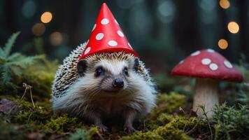 A hedgehog wearing a party hat in a forest setting with mushrooms and soft lighting. photo