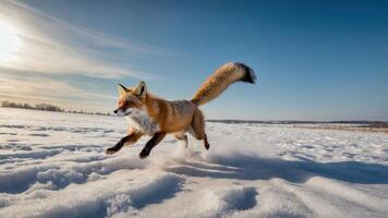 A red fox joyfully runs through a snowy landscape under a bright sky. photo