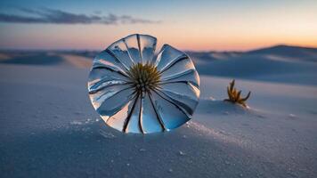 A frozen flower encased in ice against a serene desert backdrop at sunset. photo