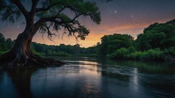 A serene river landscape at sunset with a large tree and starry sky. photo