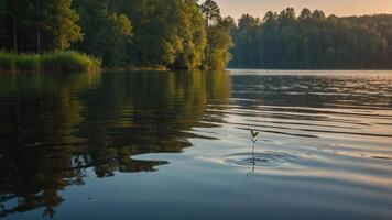 A serene lake scene with a single plant emerging from the water, surrounded by lush greenery. photo