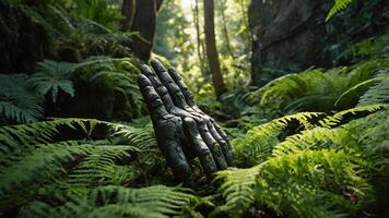 A metallic hand emerges from lush ferns in a serene forest setting. photo