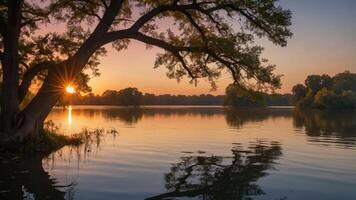 Serene sunset over a tranquil lake, framed by trees and reflecting calm waters. photo