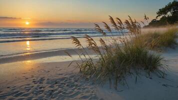 A serene beach at sunset with waves, sand, and tall grass swaying in the breeze. photo