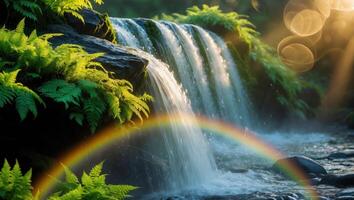 Waterfall with Rainbow in Lush Green Forest Setting photo
