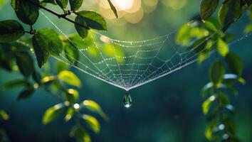 Spiderweb with Dew Droplets in Nature Setting photo