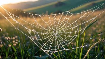 A spider web in the grass with dew on it photo