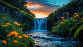 Waterfall Flowing Into River at Dusk with Flowers photo