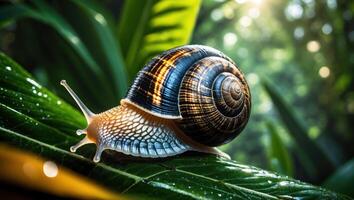 Snail Crawling on Wet Leaf in Garden Setting photo