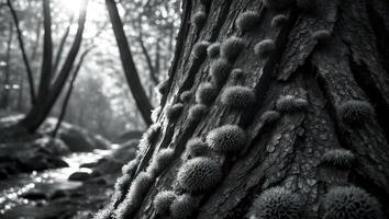 Tree Bark Texture with Moss in Forest Setting photo