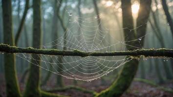 A spider web in the forest with dew on it photo