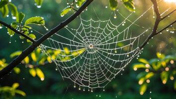 Spiderweb Dew Drops on Branch in Nature photo