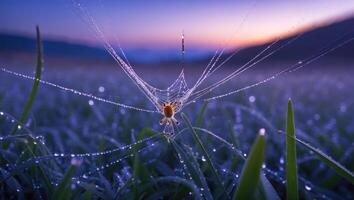 Spider on Dew-covered Web in a Dreamy Meadow photo